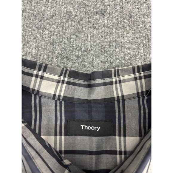 Theory Shirt Mens Large Blue Gray Plaid Button Front Long Sleeve Cotton - Picture 2 of 8